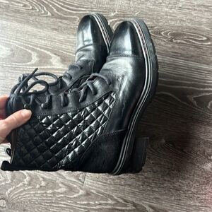 Black Quilted Lace-Up Ankle Boots - Women's